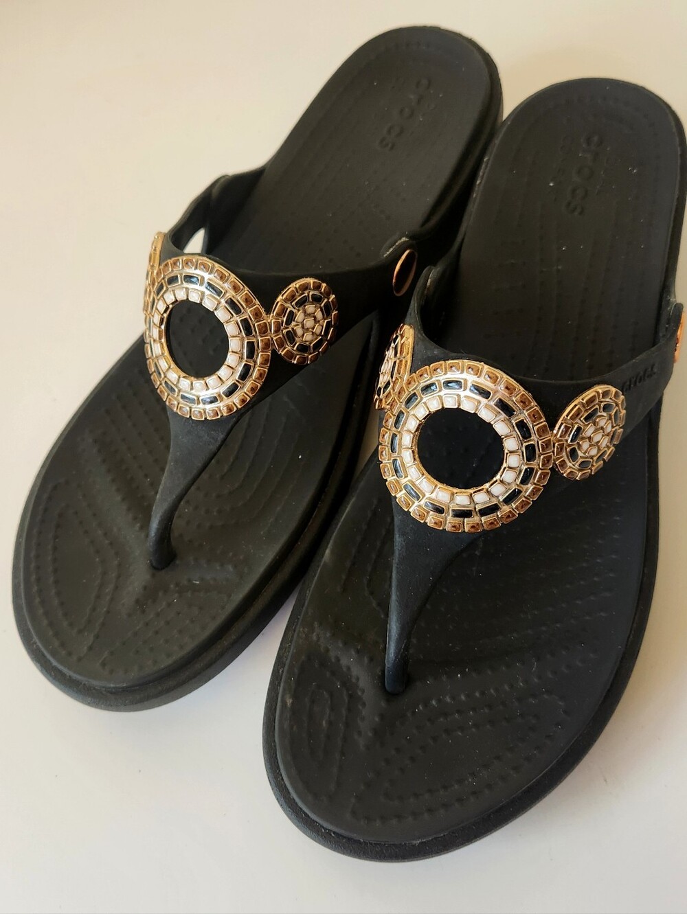 CROCS Black Thong Sandals with Gold Mosaic Medallions